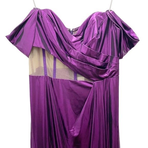 NWT Marchesa Off Shoulder Amethyst Lamé Gown Maxi With Draped Bodice Size 16 NEW - Picture 7 of 16
